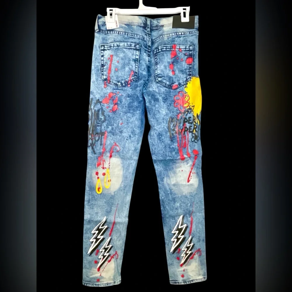 New Men’s supreme flex skinny fit acid washed graffiti street wear jeans - Picture 2 of 5